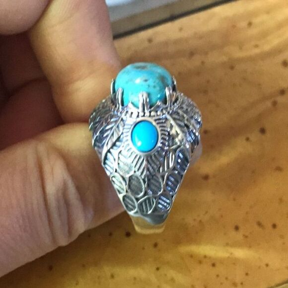 Natural Blue Turquoise Sterling Silver Feather Ring Size 9 - Picture 2 of 6